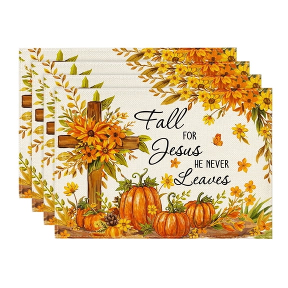 Sm:)e Cross Thanksgiving Pumpkins Bless This Home Flower Fall Placemats Set of 4, 12x18 Inch