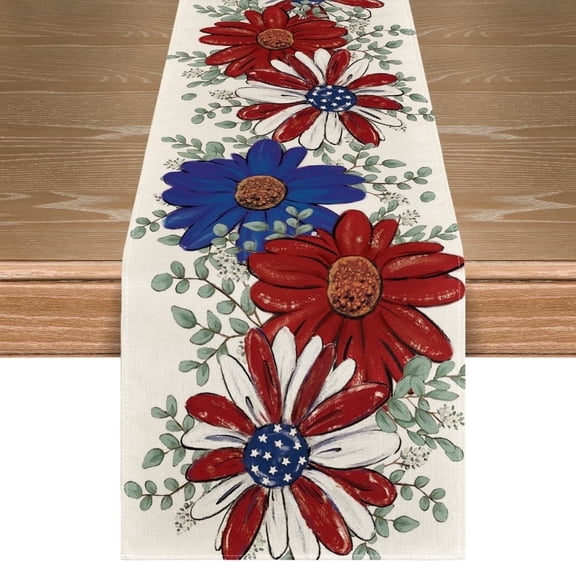 Sm:)e Daisy American Flag Design 4th of July Table Runner 13x72 Inch, Patriotic Decor Durable and Stylish Independence Day Party and Family Gathering Supply