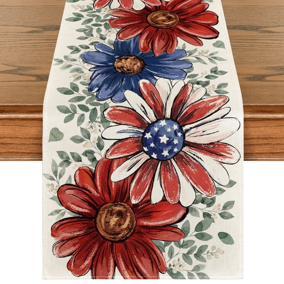 Sm:)e Daisy American Flag Design 4th of July Table Runner 13x72 Inch, Patriotic Decor Durable and Stylish Independence Day Party and Family Gathering Supply
