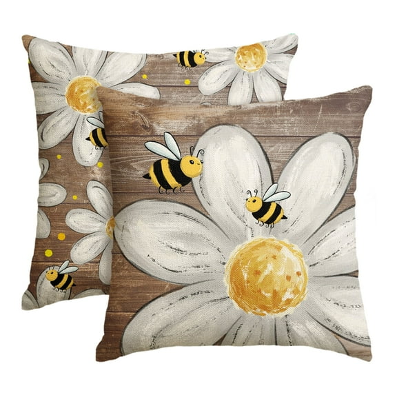 Sm:)e Daisy Bee Floral Spring Throw Pillow Covers Set of 2,18x18 Inch,Brown