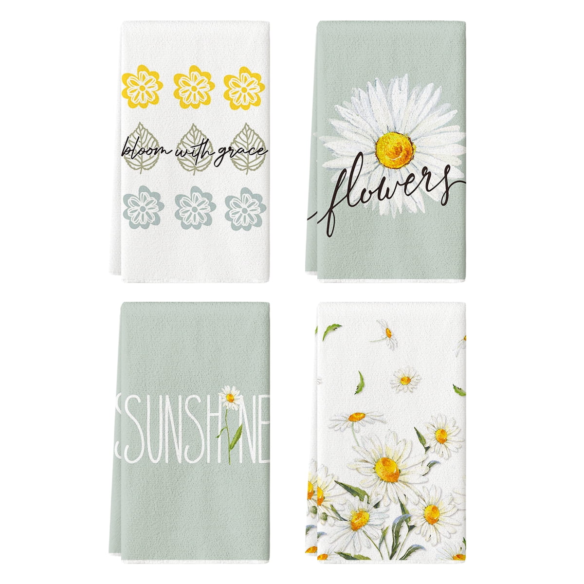 Sm:)e Daisy Floral Sunshine Kitchen Dish Towels for Spring Summer, 18 x 26 Inch Seasonal Holiday Hand Tea Towels for Cooking Baking Set of 4