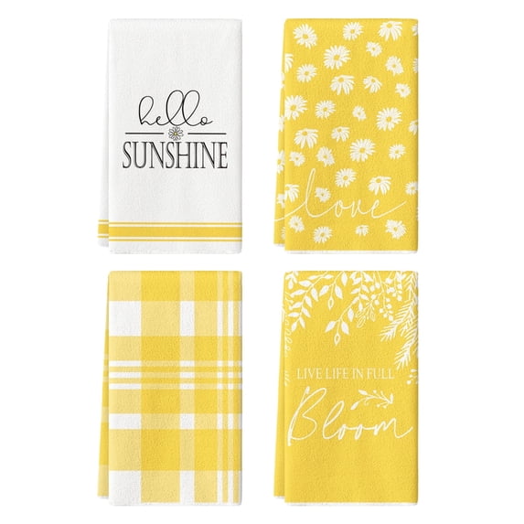 Sm:)e Daisy Hello Sunshine Summer Kitchen Dish Towels Yellow 18 x 26 Inch Set of 4