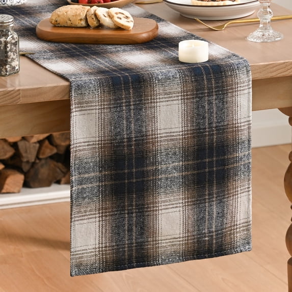 Sm:)e Dark Blue Brown Farmhouse Plaid Table Runner 13x90 Inch, Winter Rustic Holiday Check Kitchen Dining Table Decor