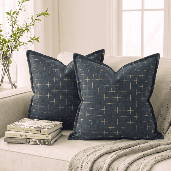 Sm:)e Dark Blue Throw Pillow Covers 18x18 Inch Set of 2, Soft Textured Decorative Couch Sofa Cushions with Stylish Flange Edge Cross, Accent Home Decor, Living Room, Bedroom, Chair