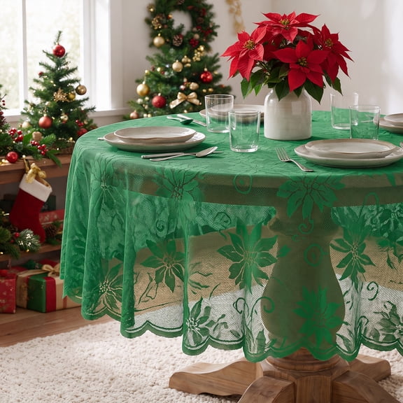 Sm:)e Dark Green Christmas Flower Farmhouse Style Lace Jacquard Tablecloth 60 Inch, Yarn-Dyed Woven Table Cover for Dining Decor, Round