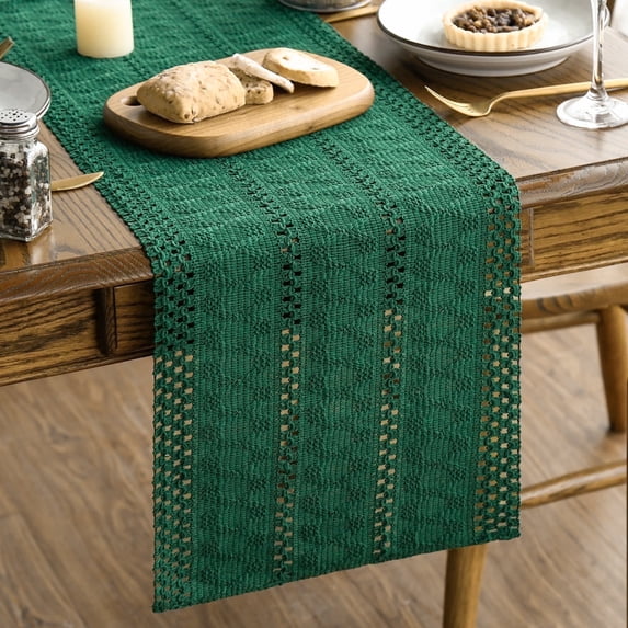 Sm:)e Dark Green Farmhouse Woven Rustic Hollow Table Runner, Boho Table Runner 12x36 Inch, Dining Kitchen Home Decor