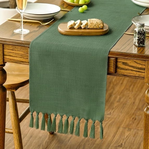 Sm:)e Dark Green Tassel Table Runner, 13x36 Inches, Boho Linen Blend Rustic Farmhouse Style, Holiday Wedding Party Kitchen Table Decor