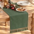 thumbnail image 1 of Sm:)e Dark Green Christmas Tassel Table Runner, 13x36 Inches, Boho Linen Blend Rustic Farmhouse Style, Holiday Wedding Party Kitchen Table Decor, 1 of 10