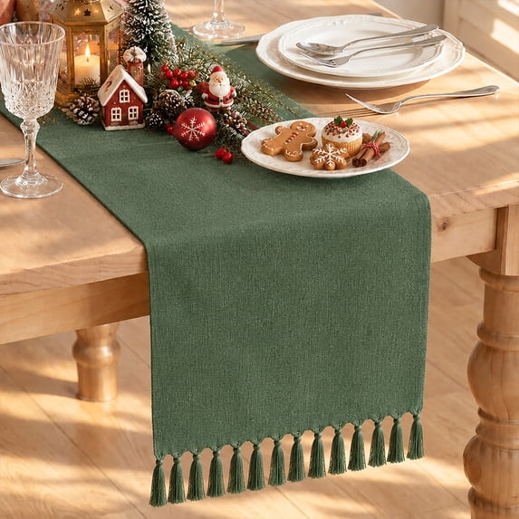 Sm:)e Dark Green Christmas Tassel Table Runner, 13x36 Inches, Boho Linen Blend Rustic Farmhouse Style, Holiday Wedding Party Kitchen Table Decor