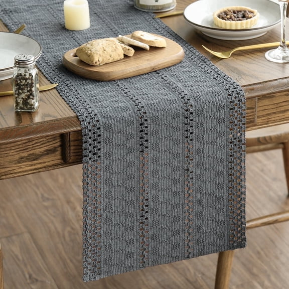 Sm:)e Dark Grey Farmhouse Woven Rustic Hollow Table Runner, Boho Table Runner 12x72 Inch, Dining Kitchen Home Decor