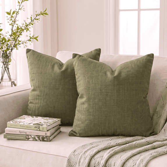 Sm:)e Decorative Linen Soild Throw Pillow Covers 18x18 Inch Set of 2, Soft Accent Cushion Case Boho Farmhouse Neutral Pillowcase for Couch Sofa Bedroom Living Room Home Decor, Olive Green