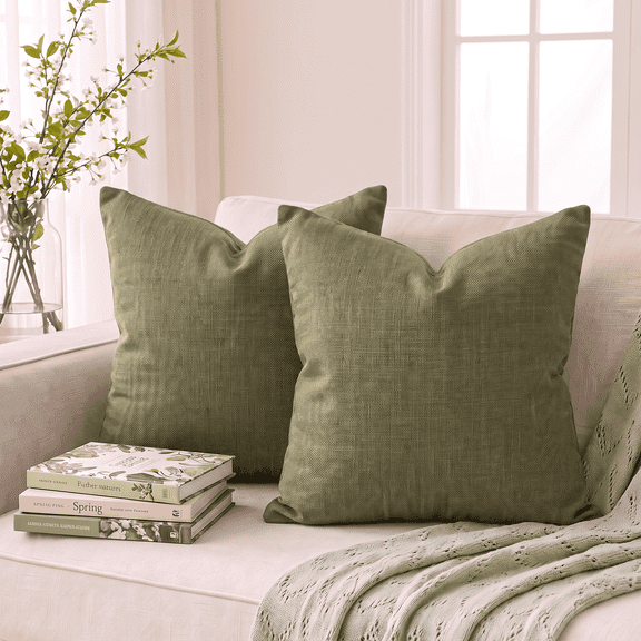 Sm:)e Decorative Linen Soild Throw Pillow Covers 18x18 Inch Set of 2, Soft Accent Cushion Case Boho Farmhouse Neutral Pillowcase for Couch Sofa Bedroom Living Room Home Decor, Olive Green