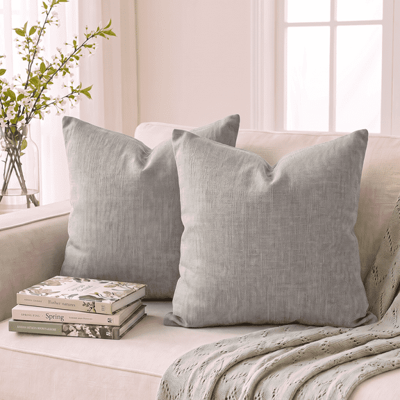 Sm:)e Decorative Linen Soild Throw Pillow Covers 18x18 Inch Set of 2, Soft Accent Cushion Case Boho Farmhouse Neutral Pillowcase for Couch Sofa Bedroom Living Room Home Decor, Gray