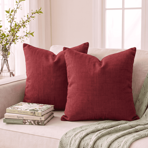 Sm:)e Decorative Linen Soild Throw Pillow Covers 18x18 Inch Set of 2, Soft Accent Cushion Case Boho Farmhouse Neutral Pillowcase for Couch Sofa Bedroom Living Room Home Decor, Red