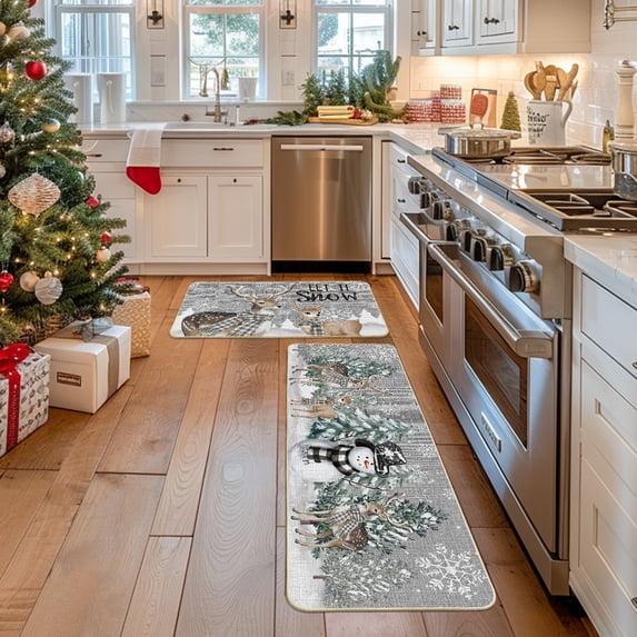 Sm:)e Deer Tree Let It Sonw Snowflakes Christmas Kitchen Mats Set of 2, Winter Decor Low-Profile Kitchen Rugs for Floor - 17x29 and 17x47 Inch