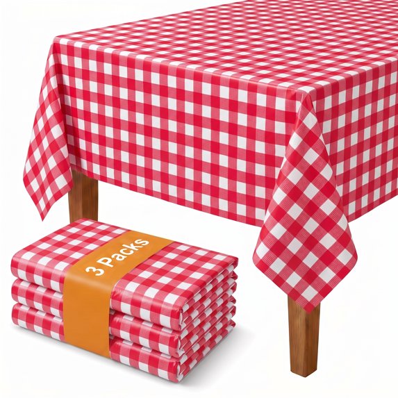 Sm:)e Disposable Plastic Red and White Plaid Tablecover 3 Pack, 54x108Inch, Table Cloth for Dinner/Party Decoration/Holiday