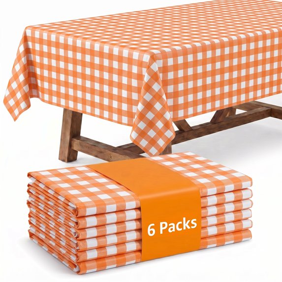 Sm:)e Disposable Plastic Orange and White Plaid Tablecover 6 Pack, 54x108Inch, Table Cloth for Dinner/Party Decoration/Holiday