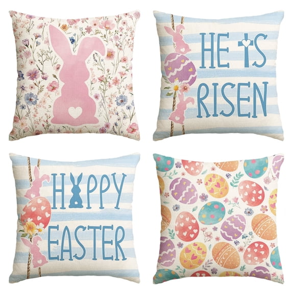 Sm:)e Easter Pillow Cover Set of 4 - 18x18 Inch Polyester Decorative Cushions with Bunny & Egg Designs