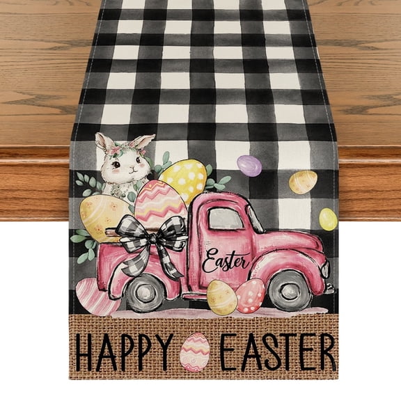 Sm:)e Easter Table Runner with Egg Truck 13 x 72 Inch, White and Black Buffalo Plaid Spring Kitchen Decor