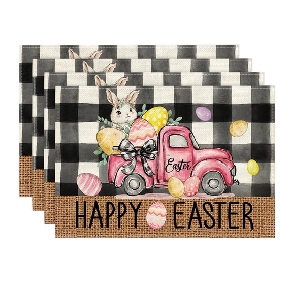 Sm:)e Easter Table Runner with Egg Truck Placemats Set of 4, 12 x 18 Inch, White and Black Buffalo Plaid Spring Kitchen Decor