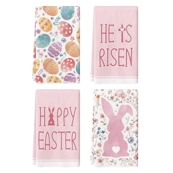 Sm:)e Eggs He is Risen Bunny Happy Easter Kitchen Dish Towels 18x26 Inch Set of 4 Pink