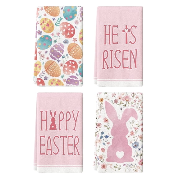Sm:)e Eggs He is Risen Bunny Happy Easter Kitchen Dish Towels 18x26 Inch Set of 4 Pink