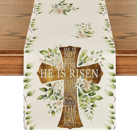 Sm:)e Elegant Cross He is Risen Spring Easter Table Runner 13 x 72 Inch