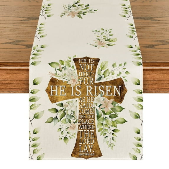 Sm:)e Elegant Cross He is Risen Spring Easter Table Runner 13 x 90 Inch