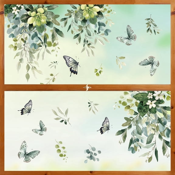Sm:)e 4 Sheets 30PCS Eucalyptus Butterfly Floral Spring Summer Window Sticker, Glass Home Classroom Office Shop Display Decoration Reusable Party Supplies