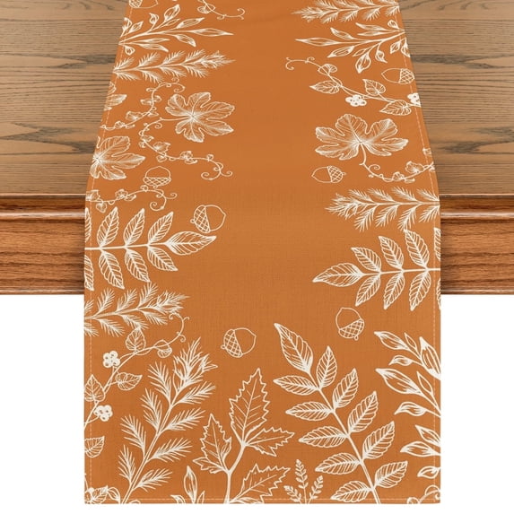 Sm:)e Eucalyptus Leaves Orange Fall Table Runner 13x90 Inch, Seasonal Autumn Holiday Home Kitchen Dining Decorations