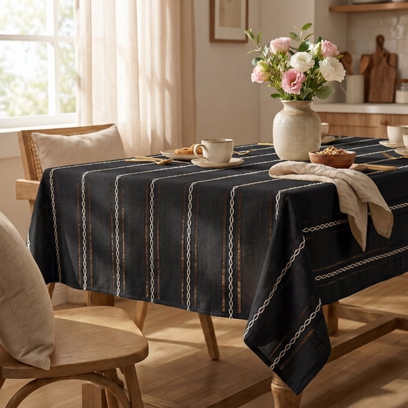 Sm:)e Fabric Openwork Farmhouse Style Linen Tablecloth 52x70 Inch, Yarn-Dyed Woven Table Cover for Dining Decor, Rectangle, Black