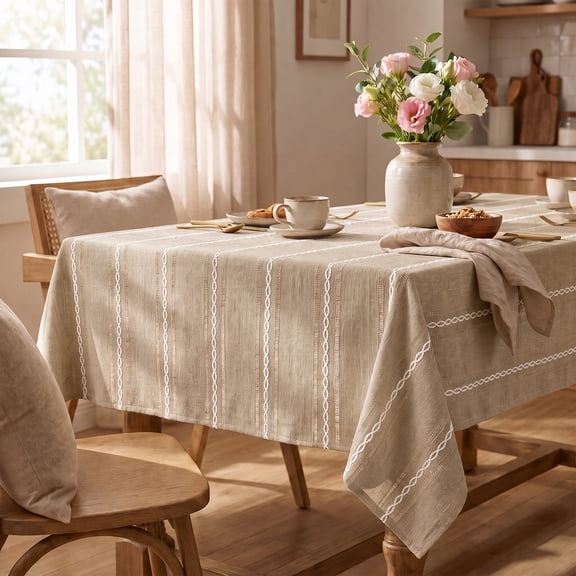 Sm:)e Fabric Openwork Farmhouse Style Linen Tablecloth 52x70 Inch, Yarn-Dyed Woven Table Cover for Dining Decor, Rectangle, Khaki