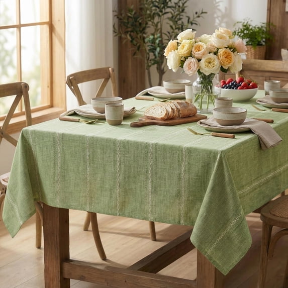 Sm:)e Fabric Openwork Farmhouse Style Linen Tablecloth 52x70 Inch, Yarn-Dyed Woven Table Cover for Dining Decor, Rectangle, Sage Green