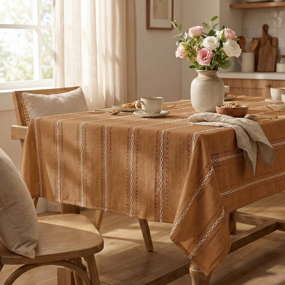 Sm:)e Fabric Openwork Farmhouse Style Linen Tablecloth 60x104 Inch, Yarn-Dyed Woven Table Cover for Dining Decor, Rectangle, Caramel
