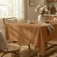 thumbnail image 1 of Sm:)e Fabric Openwork Farmhouse Style Linen Tablecloth 60x104 Inch, Yarn-Dyed Woven Table Cover for Dining Decor, Rectangle, Caramel, 1 of 7