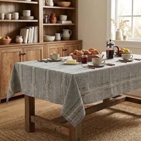 Sm:)e Fabric Openwork Farmhouse Style Linen Tablecloth 60x84 Inch, Yarn-Dyed Woven Table Cover for Dining Decor, Rectangle, Dark Gray