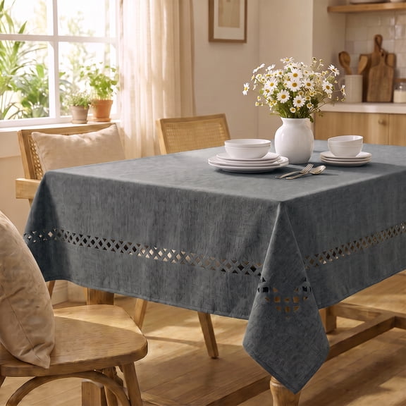 Sm:)e Fabric Openwork Farmhouse Style Linen Tablecloth, Rectangle 52 x 70 Inch, Classic Table Cover for Dinner/Party Decoration/Holiday, Dark Gray