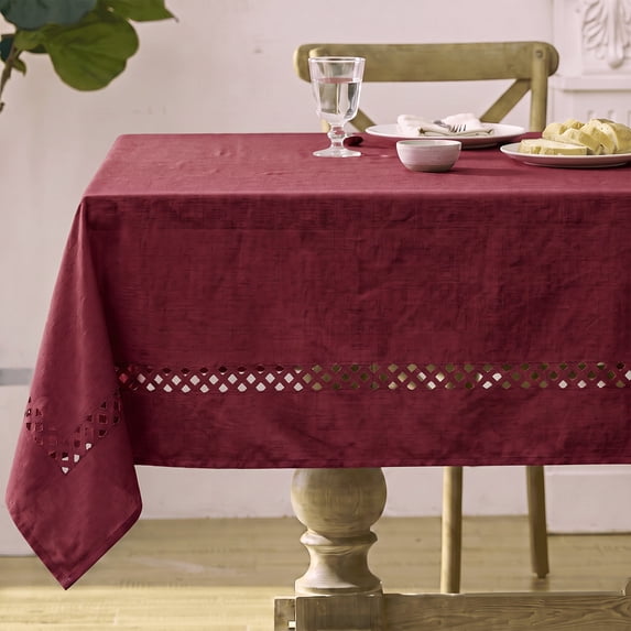 Sm:)e Fabric Openwork Farmhouse Style Linen Tablecloth 60 x 84 Inch Rectangle, with Decorative Cutouts, Red