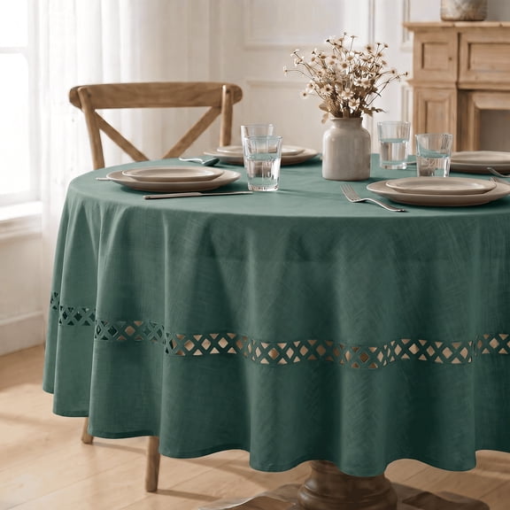Sm:)e Fabric Openwork Farmhouse Style Linen Tablecloth, Round 60 Inch, with Decorative Cutouts, Green