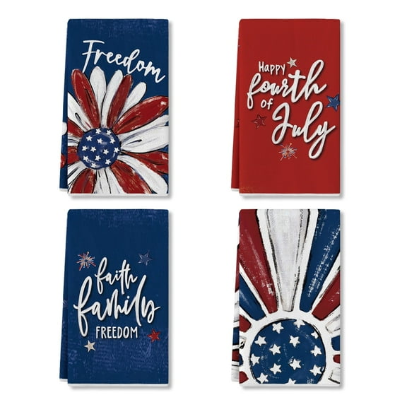 Sm:)e Faith Family Freedom American Flag 4th of July Kitchen Dish Towels Set of 4 18x26 Inch, Red, Soft & Absorbent Patriotic Independence Day Washcloth