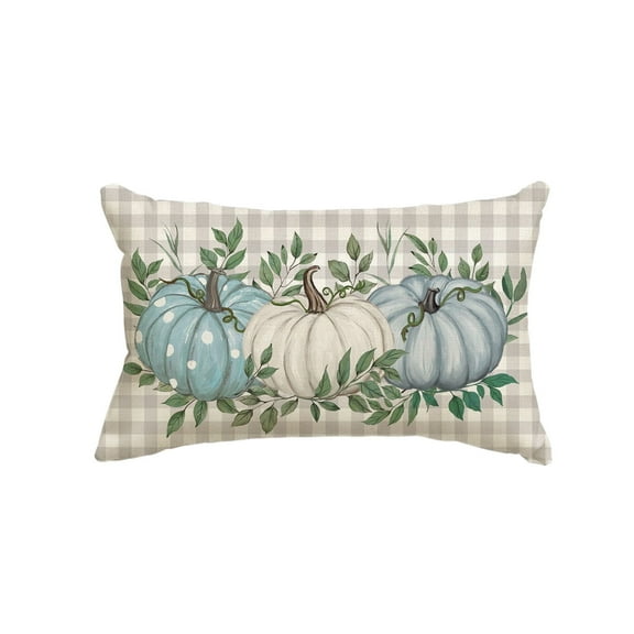 Sm:)e Fall Thanksgiving Pillow Cover 12x20 Inch - Rustic Farmhouse Style Throw Pillowcase, Blue Pumpkins and Maple Leaves
