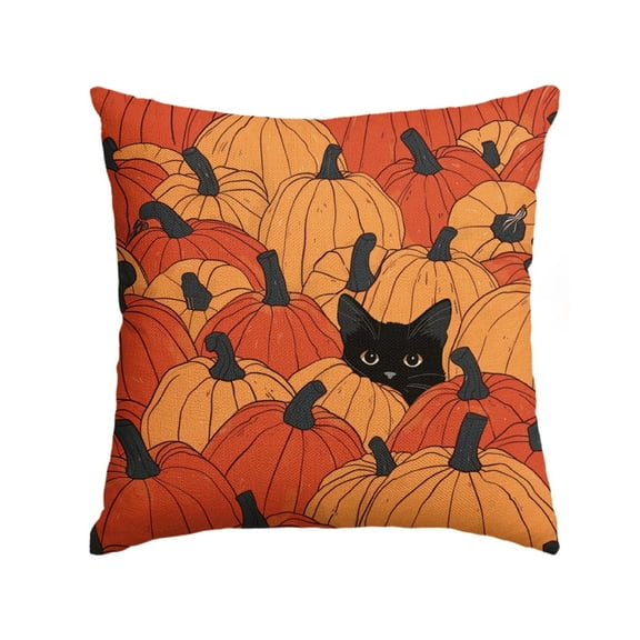Sm:)e Fall Pillow Cover 18x18 Inch - Rustic Farmhouse Style Throw Pillowcase, Pumpkins and Black Cats