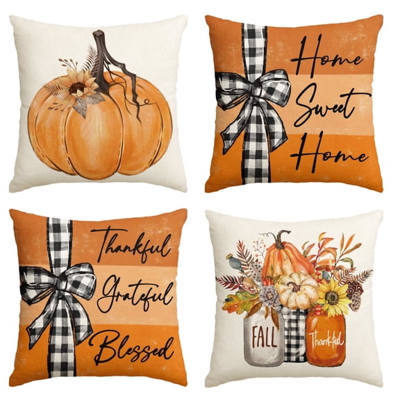 Sm:)e Fall Pumpkin Home Sweet Home Throw Pillow Covers, 18 x 18 Inch Autumn Thankful Grateful Blessed Harvest Floral Orange Decorations for Sofa Couch Set of 4