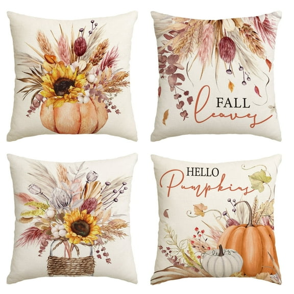 Sm:)e Fall Pumpkin Wheat Cotton Jar Autumn Thanksgiving Throw Pillow Covers, 18 x 18 Inch Seasonal Cushion Case for Sofa Couch Set of 4