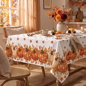 Sm:)e Fall Tablecloth 60x84 Inch, Buffalo Plaid Orange Pumpkin Maple Leaves Table Cover for Party Picnic Dinner Decor