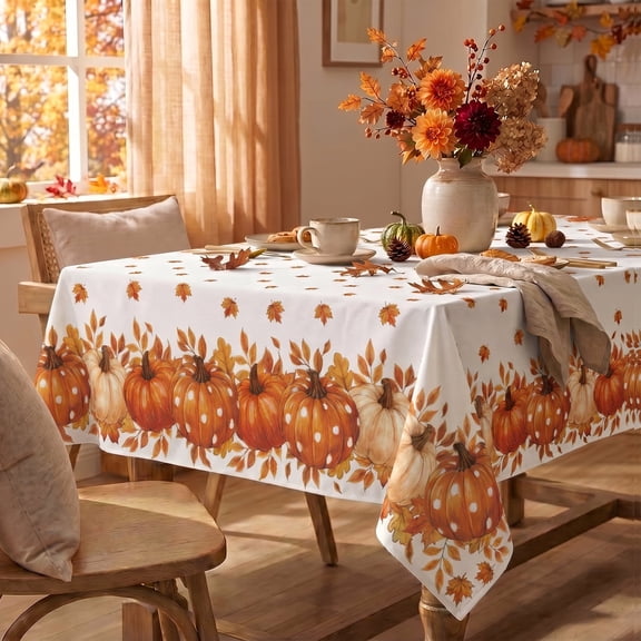 Sm:)e Fall Tablecloth 60x84 Inch, Buffalo Plaid Orange Pumpkin Maple Leaves Table Cover for Party Picnic Dinner Decor