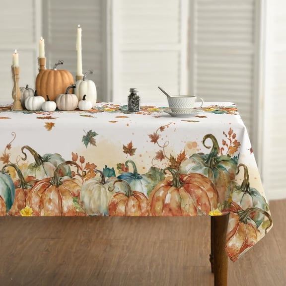 Sm:)e Fall Tablecloth 60x84 Inch, Autumn Harvest Orange Pumpkin Leaves Washable Table Cover for Party Picnic Dinner Decor