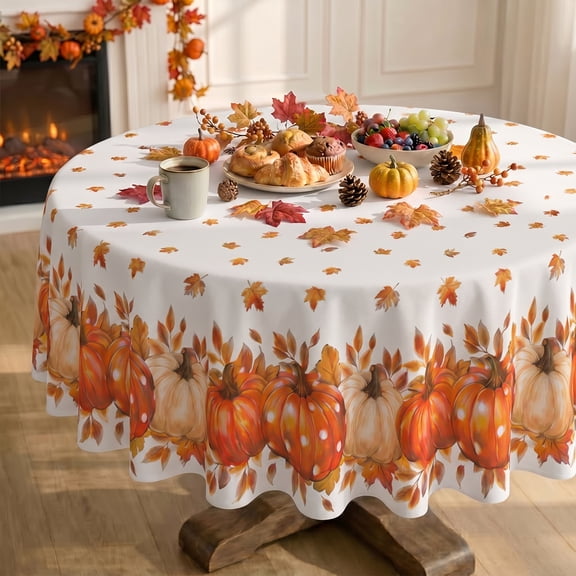 Sm:)e Fall Tablecloth 60 Inch Round, Autumn Harvest Orange Pumpkin Leaves Table Cover for Party Picnic Dinner Decor