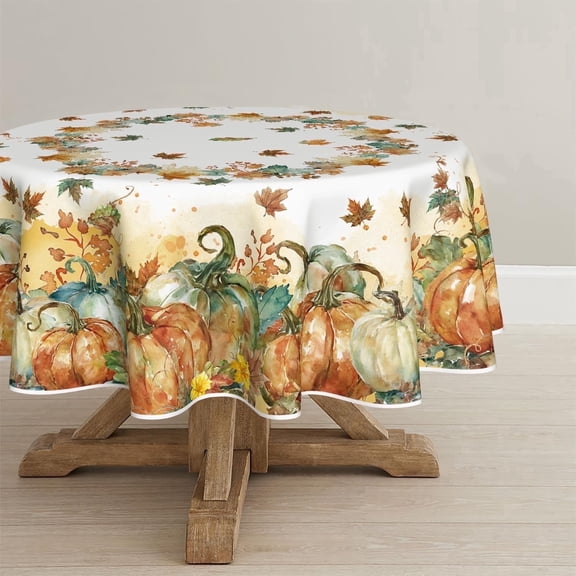 Sm:)e Fall Tablecloth 70 Inch Round, Autumn Harvest Orange Pumpkin Leaves Washable Table Cover for Party Picnic Dinner Decor