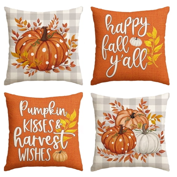 Sm:)e Fall Thanks Pumpkin Leaves Throw Pillow Covers, 16x16 Inch Autumn Thanksgiving Harvest Polka Dot Orange Decorations for Sofa Couch Set of 4